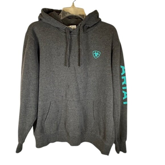 Ariat Charcoal Pullover Hoodie with Teal Logos and Front Pocket- Womens Size L - Picture 1 of 10